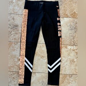 PINK Victoria's Secret Black Leggings with Rose Gold Sequin Side Stripes
